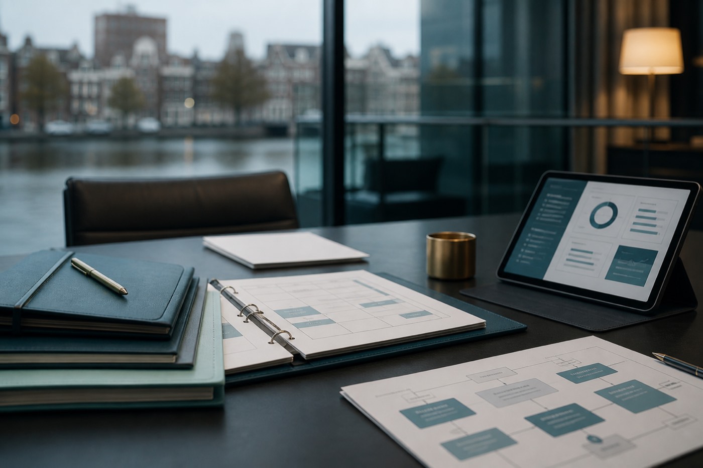 Executive meeting room table with governance materials and a tablet dashboard