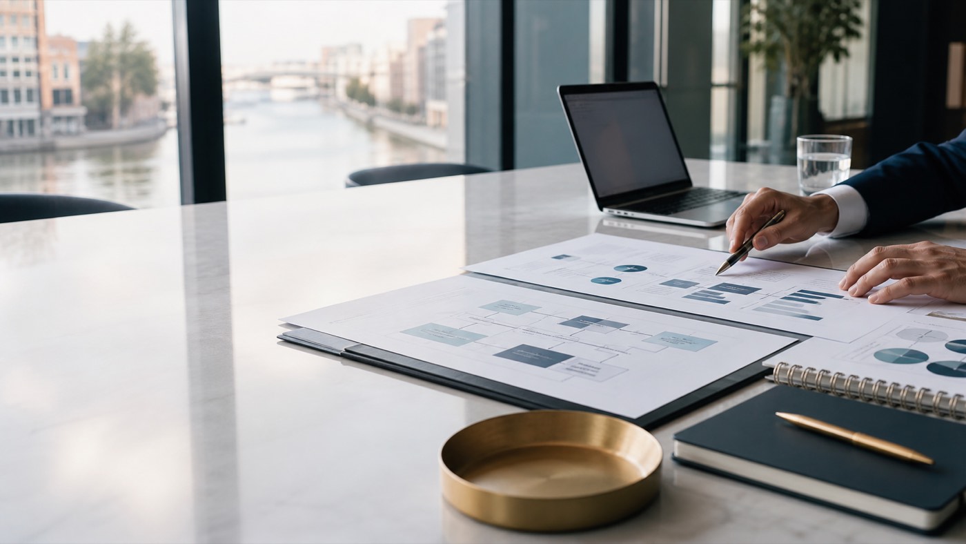 Operating model documents and consulting materials on a boardroom table